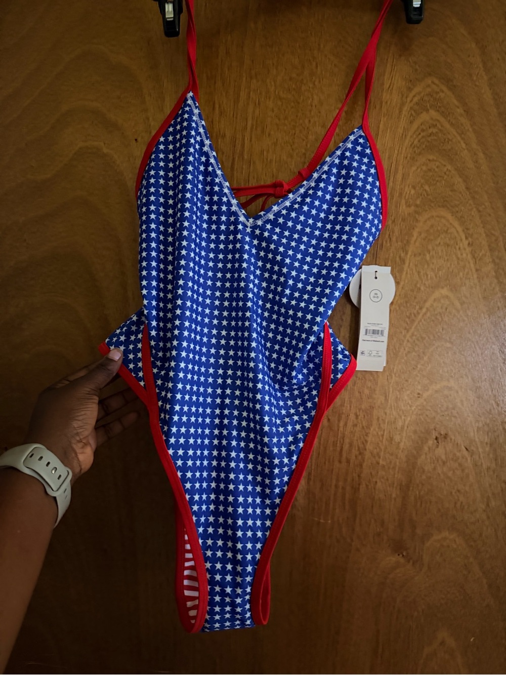 No Boundaries Blue Star Print One-Piece with Red Trim